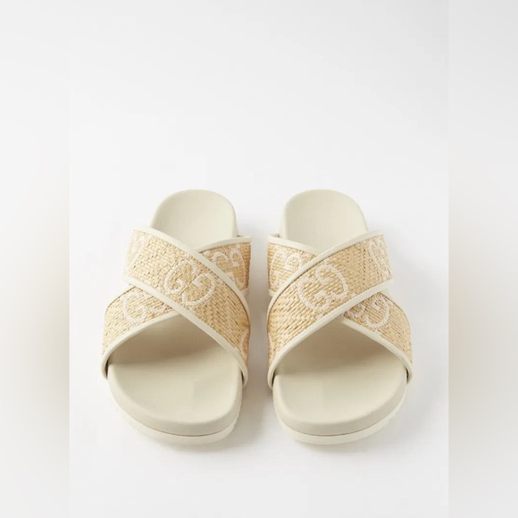 GUCCI Crossover-Strap Faux-Raffia And Leather Sandals - Picture 1 of 14